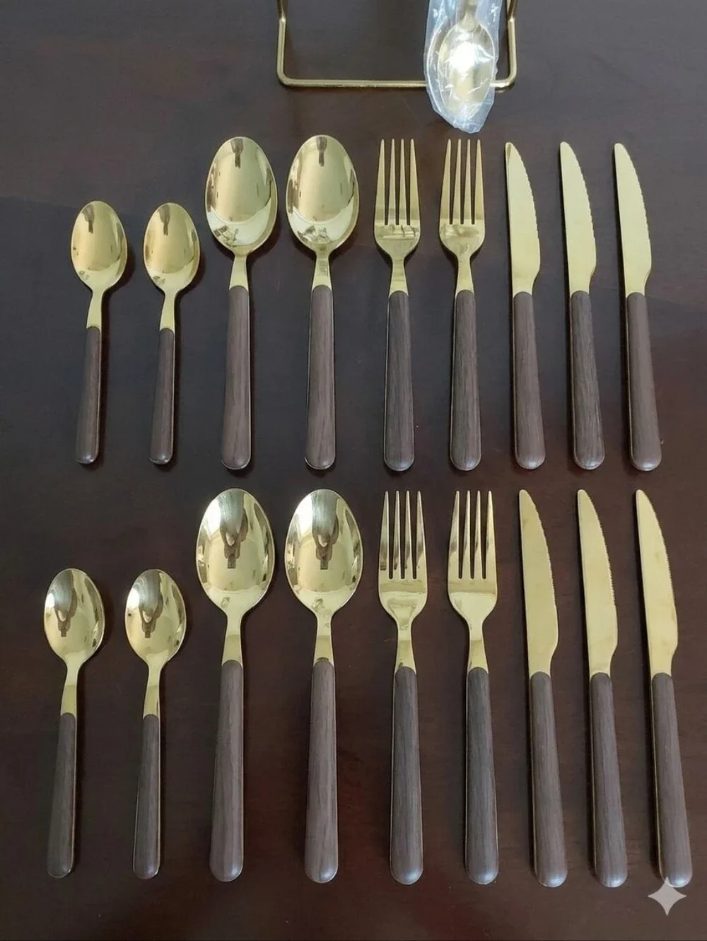 Gold and Dark Wood Flatware Set -‎ 24-Piece Home Dining Cutlery